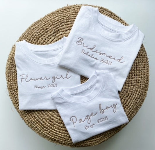 Personalised Wedding embroidered t-shirt - Choose from Pageboy, Bridesmaid, Flower Girl