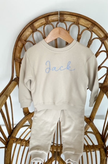 Personalised italic name embroidered sweatshirt and jogger tracksuit