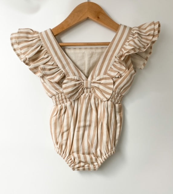 Baby stripe ruffle sleeve romper and matching head tie