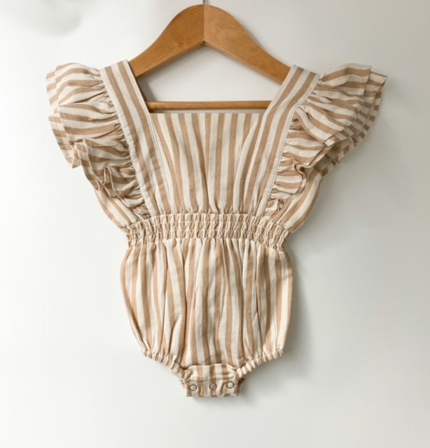 Baby stripe ruffle sleeve romper and matching head tie